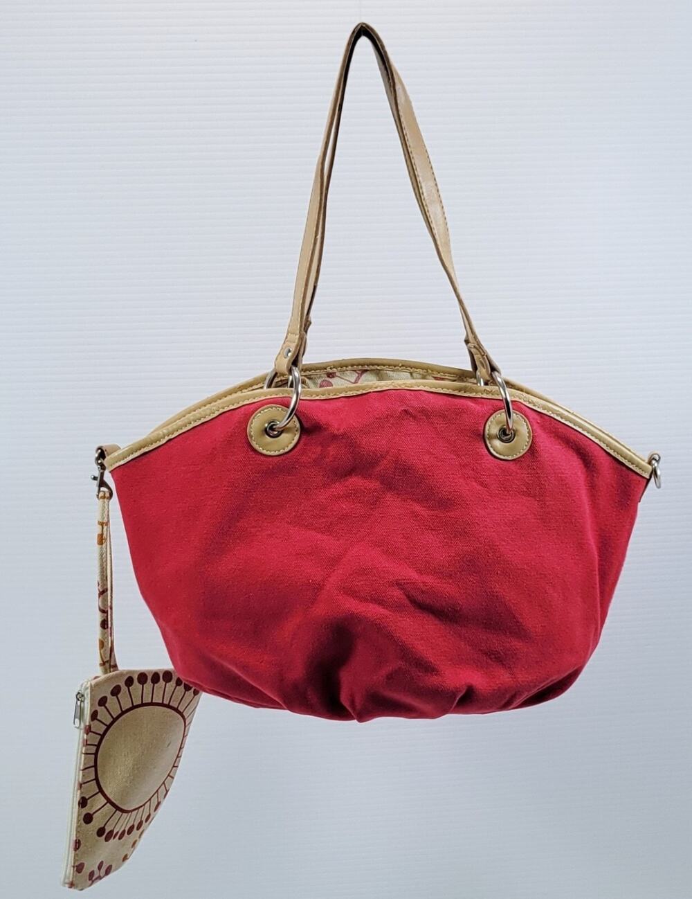 Women Red and Beige Canvas Hand Bag with Wristlet Wallet